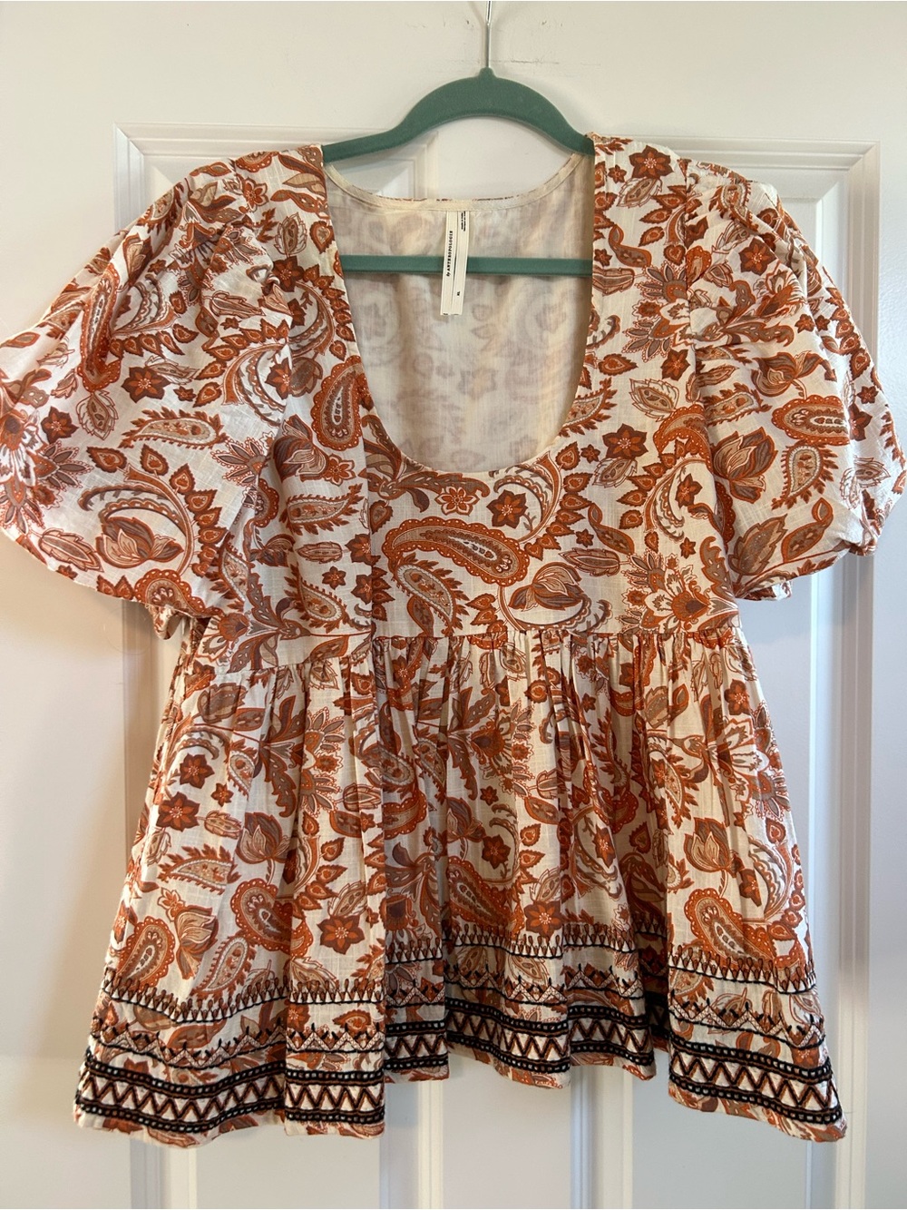 Anthropologie Cream & Rust Paisley Scoop-Neck Peplum Top - Picture 2 of 12